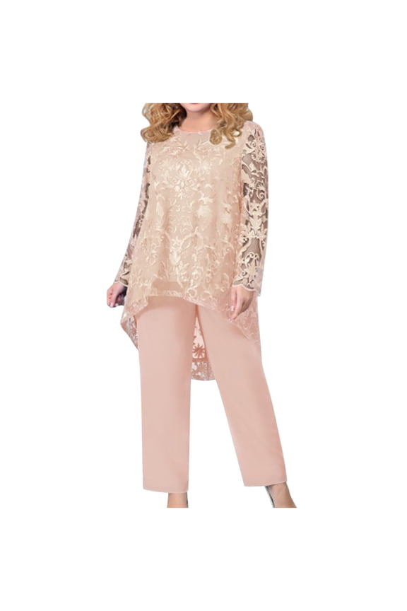 2 Piece Outfits for Women Elegant Wedding Guest Mother of The Bride Pant Suits Dressy Floral Lace Evening Formal Set Beige XXL