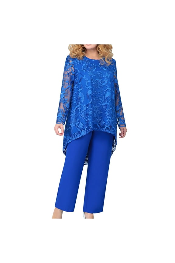 2 Piece Outfits for Women Elegant Wedding Guest Mother of The Bride Pant Suits Dressy Floral Lace Evening Formal Set Blue XXL