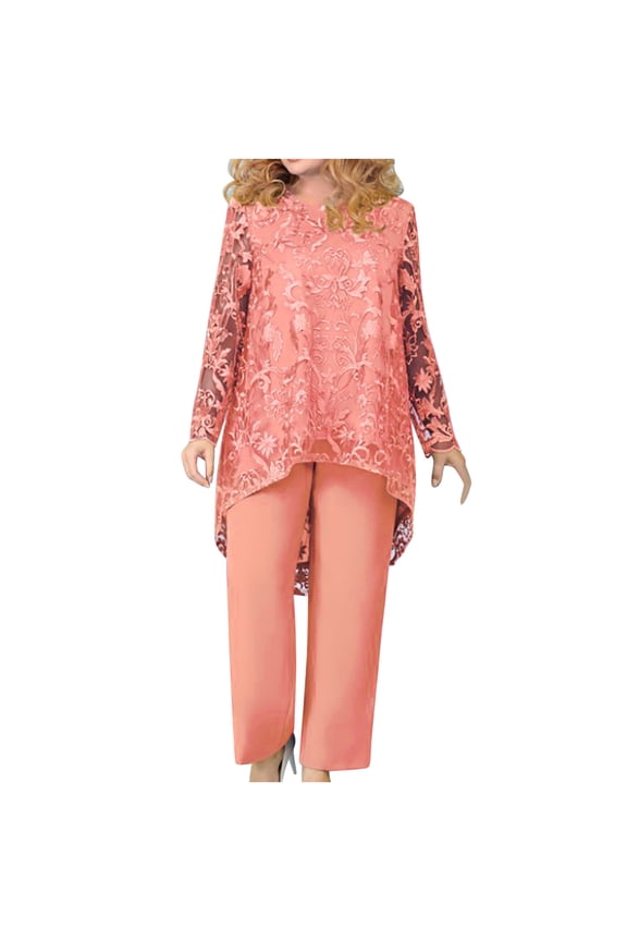 2 Piece Outfits for Women Elegant Wedding Guest Mother of The Bride Pant Suits Dressy Floral Lace Evening Formal Set Pink XXXXL