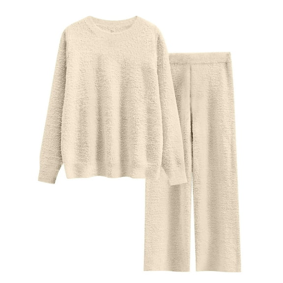 YUGYXL 2 Piece Outfits for Women Fleece Lounge Sets Fuzzy Long Sleeve Crewneck Tops Soft Long Pants Pajamas Sleepwear Khaki L