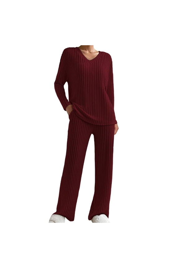 2 Piece Outfits for Women Long Sleeve Knit Sweater Top and Wide Leg Pants Ribbed Lounge Matching Set Fall Winter Wine S