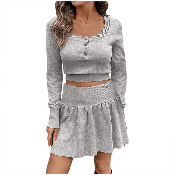 YUGYXL 2 Piece Outfits for Women Long Sleeve Knitted Crop Top and A-Line Mini Skirt Matching Sweaters Vacation Sets Gray M