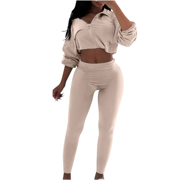 YUGYXL 2 Piece Outfits for Women Loose Fitted Cropped Sweatshirts Top Long Joggings Sets Casual Plus Size Tracksuit Khaki M
