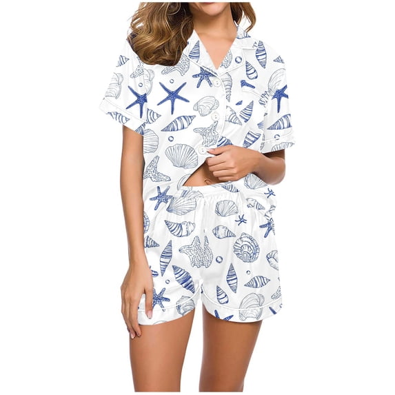 YUGYXL 2 Piece Pajama Set Graphic Button Down Short Sleeve Lapel Shirt Pj Short Pajamas for Women Top and Shorts Pjs Sets C Light Blue XL