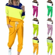 YUGYXL 2 Piece Sweatsuits for Women Lightweight Comfy Plus Size Outfits Fashion Crew Neck Color Block Sweatshirt and Solid Sweatpants Tracksuits Set Today's Deals
