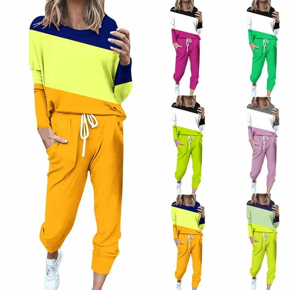 YUGYXL 2 Piece Sweatsuits for Women Lightweight Comfy Plus Size Outfits Fashion Crew Neck Color Block Sweatshirt and Solid Sweatpants Tracksuits Set Today's