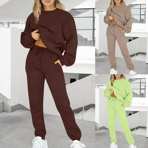 YUGYXL 2 Piece Sweatsuits for Women Lightweight Comfy Thin Fleece Outfits Fashion Crew Neck Solid Color Sweatshirt and Sweatpants Tracksuits Set Prime Deals Today 2025