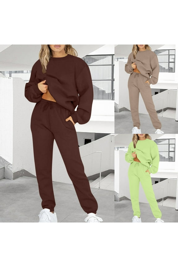 2 Piece Sweatsuits for Women Lightweight Comfy Thin Fleece Outfits Fashion Crew Neck Solid Color Sweatshirt and Sweatpants Tracksuits Set Lightning Of The Day