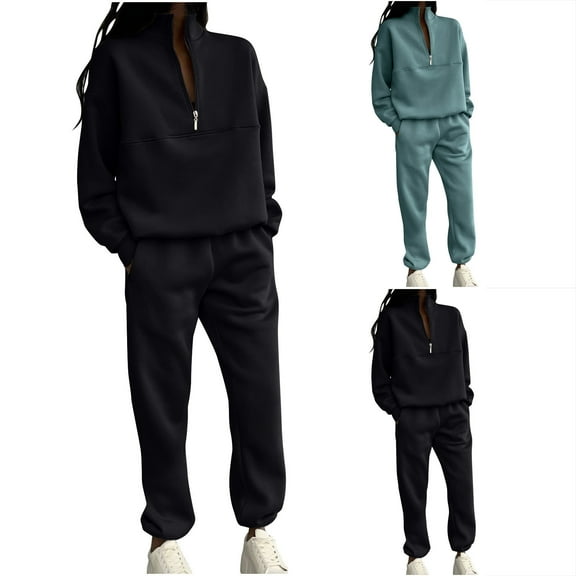 YUGYXL 2 Piece Thin Fleece Activewear Outfits for Women Half Zip High Neck Solid Color Sweatshirt and Loose Sweatpants Jogger Tracksuit Set Lightning Today Mint Green,XL