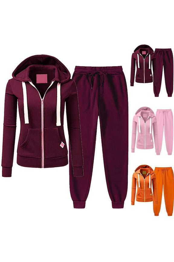 2 Piece Tracksuit Suits for Women Thin Fleece Solid Color Plus Size Outfits Fashion Drawstring Hoodie Sweatshirt Jacket Match Sweatpants Sale Wine,XL