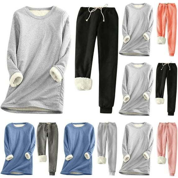 YUGYXL 2 Piece Winter Sweatsuits for Women Thicken Plus Size Outfits Fashion Crew Neck Sweatshirt and Sweatpants Thermal Tracksuits Set Sale