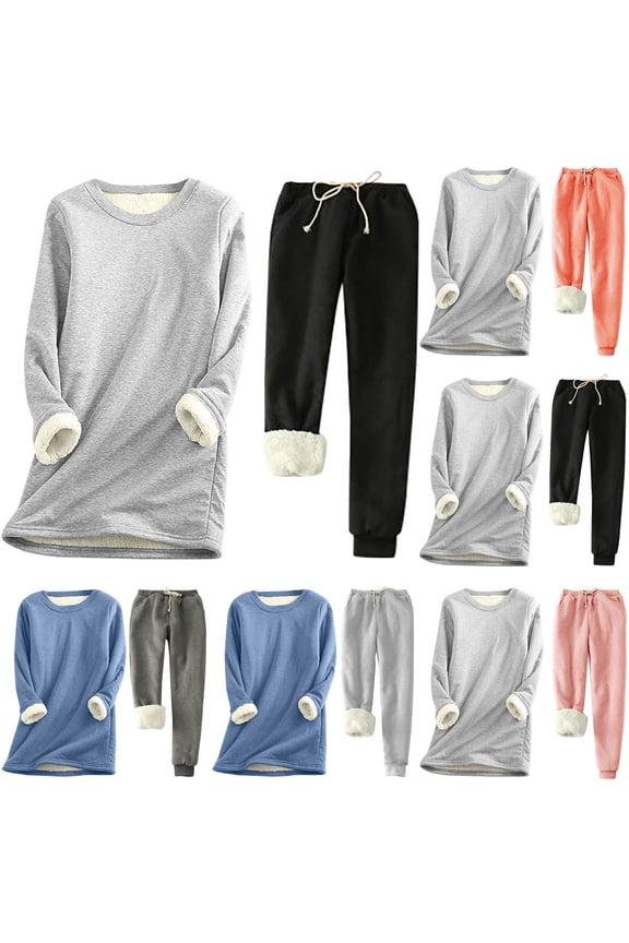 2 Piece Winter Sweatsuits for Women Thicken Plus Size Outfits Fashion Crew Neck Sweatshirt and Sweatpants Thermal Tracksuits Set Today