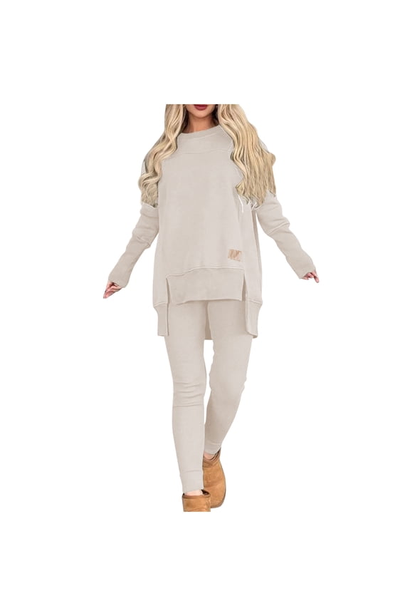 2 Piece Women Loungewear Sets Fashion Side Split Side Split High Low Hem Pullover Tops and Comfy Trousers White M