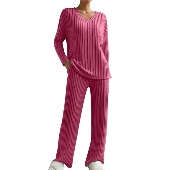 YUGYXL 2 Piece for Women Pajama Set Long Sleeve Pjs for Women Fall Sets Ribbed Knit Sweater Sleepwear with Side Pockets Hot Pink M