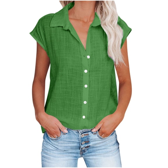 YUGYXL Casual Button Down Shirt for Women Summer Short Sleeve V Neck Collared Blouse Loose Fit Solid Plus Size Pullover Tops Breathable Cotton Linen Tunics