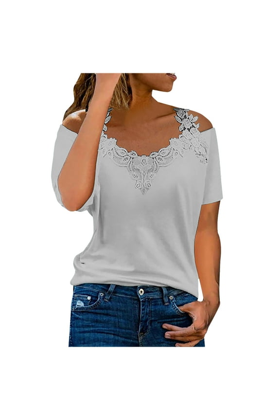 Summer Solid Milk Silk Tops for Women Trendy Plus Size Cold Shoulder Tunics Casual V Neck Lace stitched Sexy Blouse Daily Basic Short Sleeve Lightweight T Shirts