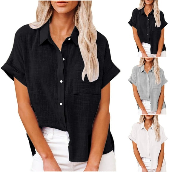 YUGYXL 2025 Womens Summer Cotton Linen Shirts Casual Lapel Short Sleeve Blouse Breathable Solid Color Buttons Down Shirt Lounge Y2K Oversize T-Shirt with Pocket Black,XXXL