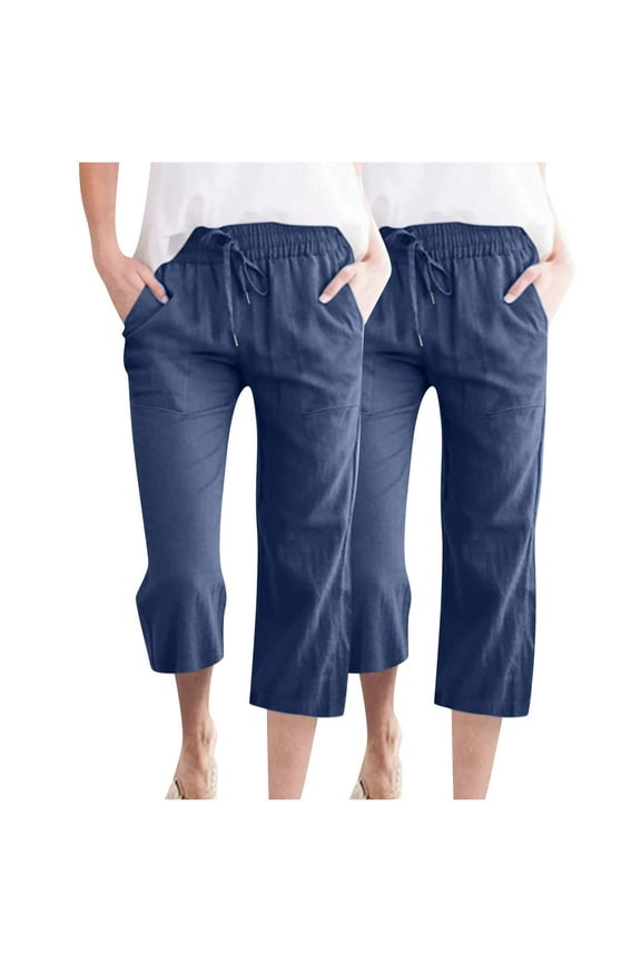 2PC Capri Pants for Women Summer Drawstring Cotton Linen Pants with Pockets Going Out Straight Capris Navy S