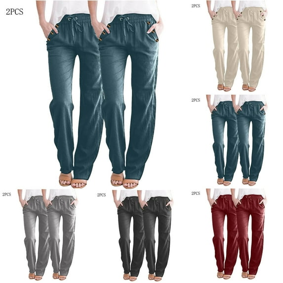 YUGYXL 2PC Cotton Linen Pants for Women Summer Drawstring Button Long Pants Office Stretch Waist Straight Pants with Pockets Beige XXL