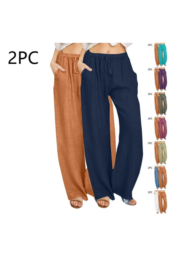 2PC Drawstring Cotton Linen Pants for Women Summer Stretch Waist Long Pants Palazzo Pants with Pockets Beach Pants Hot Pink XXXL