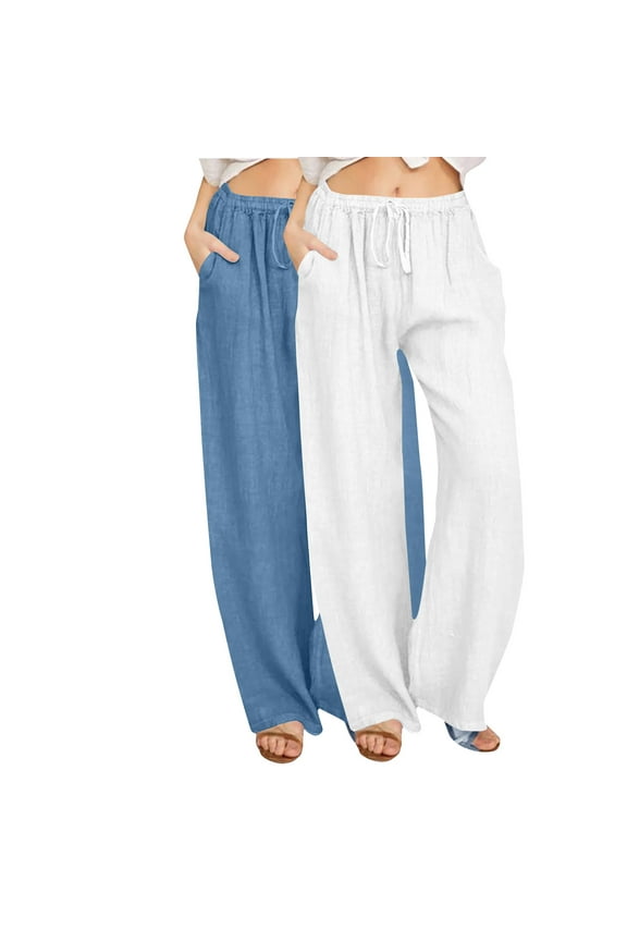 2PC Stretch Waist Linen Pants for Women Casual Drawstring Business Pants with Pockets Beach Straight Wide Leg Pants White M