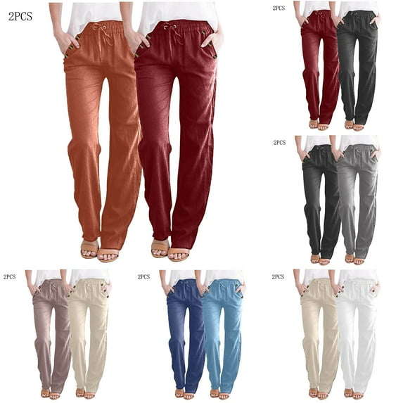 YUGYXL 2PC Women's Cotton Linen Trousers Plus Size Long Pants Elastic Waist Drawstring Straight Pants with Pockets Wine M