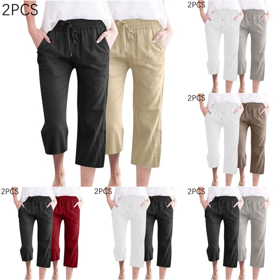 YUGYXL 2PC Womens Cotton Linen Capris Drawstring Elastic Waist Capri Pants with Pockets Going Out Summer Pants Wine XXL