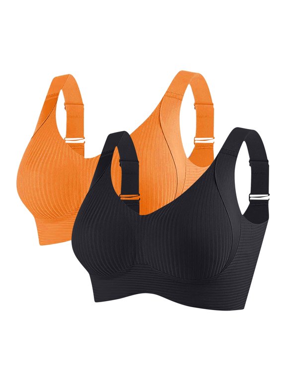 2PCS Seamless Bras for Women Full Support Push Up Ribbed Wireless Bras Solid Plus Size Everyday Bra Orange M