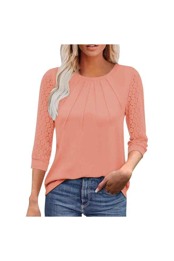 3/4 Length Raglan Sleeve Tshirts for Women Front Ruffle Tunics Blouses Breathable Hollow Out Tops Sales Orange XXXL