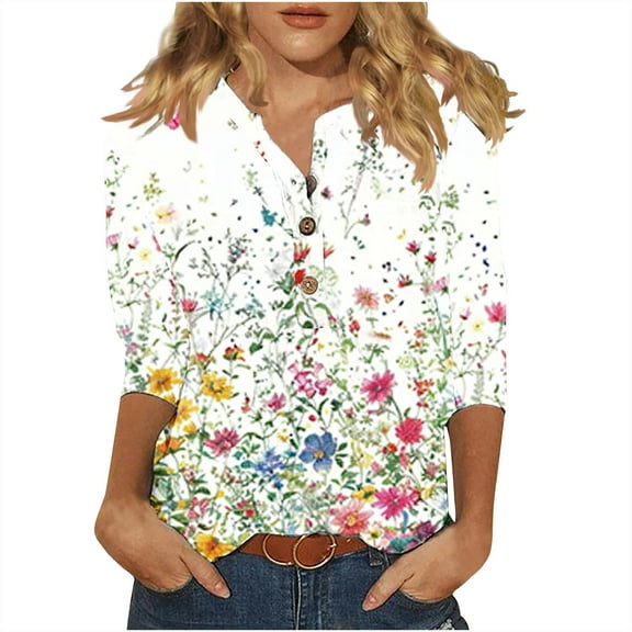 YUGYXL 3/4 Length Sleeve Casual Shirts for Women Trendy Floral Graphic Button V-Neck Tunics Summer Soft Comfy Henley Shirt Lightweight Slim Fit Top