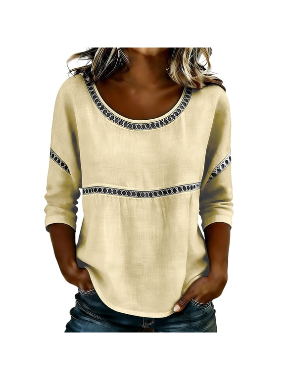 3/4 Length Sleeve Tops for Women Lace Patch Casual Dressy Blouses Boho Trendy Shirts Round Neck Loose Fit Tunics Khaki Blouses M