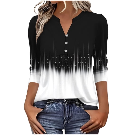 YUGYXL 3/4 Length Sleeve Tops for Womens Dressy Casual Henley V-Neck Summer Tops Pleated T-Shirts Loose Fit Work Blouses Black XL