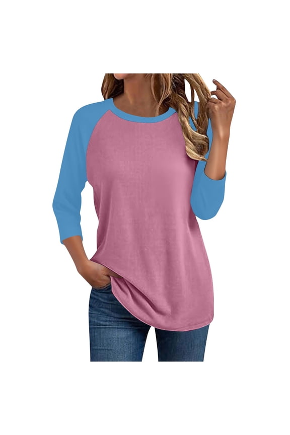 3/4 Length Sleeve Womens Baseball Tops Casual Tees Tops T-Shirt Matching Plus Size Blouses Hot Pink XL