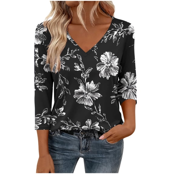 YUGYXL 3/4 Length Sleeve Womens Boho Tops for Women Teacher Shirts Outfits Teachers Blouses Dressy Casual V Neck Tshirts B Black L