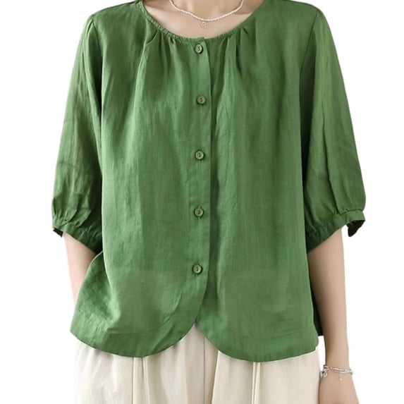 YUGYXL 3/4 Sleeve Linen Shirts for Women Lightweight Summer Loose Button Down Blouse Dressy Business Casual Tunic Tops Green M