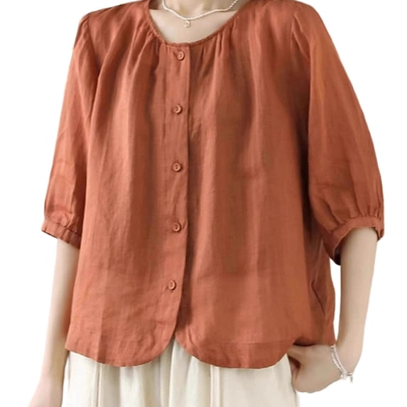 YUGYXL 3/4 Sleeve Linen Shirts for Women Lightweight Summer Loose Button Down Blouse Dressy Business Casual Tunic Tops Orange L