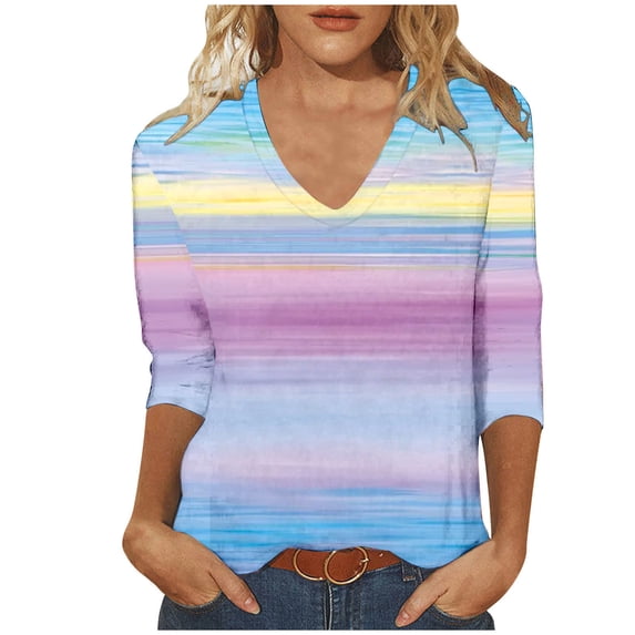 YUGYXL 3/4 Sleeve T Shirts for Women Fashion Striped V Neck Tops Summer Comfy Pullover Shirt for Women Purple M