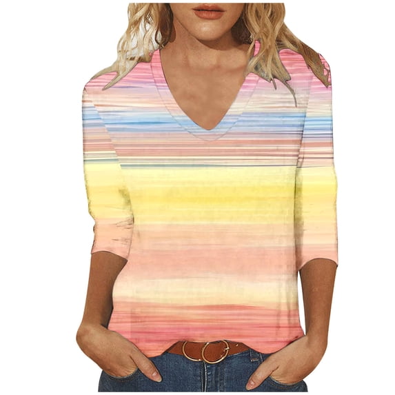 YUGYXL 3/4 Sleeve T Shirts for Women Fashion Striped V Neck Tops Summer Comfy Pullover Shirt for Women Yellow L