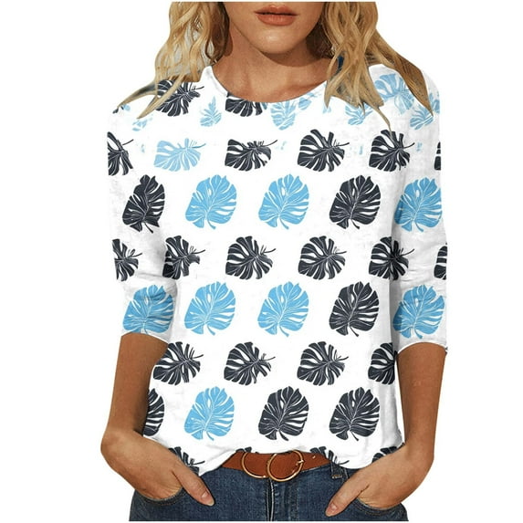 YUGYXL 3/4 Sleeve Tops for Women Plus Size Summer Cute Shirts Floral Print Tops Crewneck Three Quarter Length Blouses A Light Blue XL