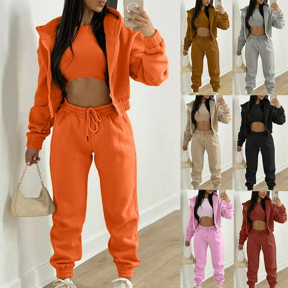 YUGYXL 3 Piece SweatSuits for Women Winter Thicken Fleece Outfits Fashion Tank Tops Full-Zip Solid Hoodie Jacket and Warm Sweatpants Set Gift for Wife Brown,L