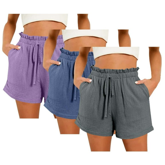 YUGYXL 3PC Stretch Waist Shorts for Women Drawstring Summer Wide-Leg A-line Shorts with Pockets Holiday Shorts Gray M