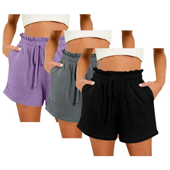 YUGYXL 3PC Stretch Waist Shorts for Women Drawstring Summer Wide-Leg A-line Shorts with Pockets Holiday Shorts Purple S