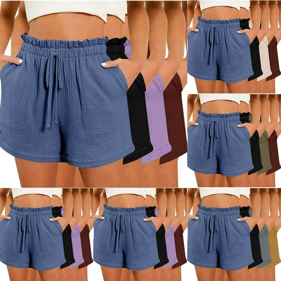 YUGYXL 4PC Drawstring Short Pants for Women Summer Elastic Waist Short Pants with Pockets Holiday Shorts White XL