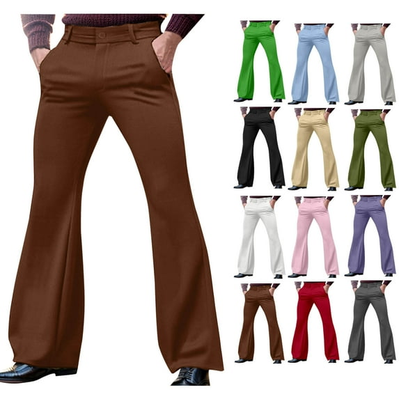 YUGYXL 70s Disco Pants for Men Bell Bottom Dress Pants Stylish Dancing Stage Performance Pants Flat Front Stretch Flared Pants Coffee L