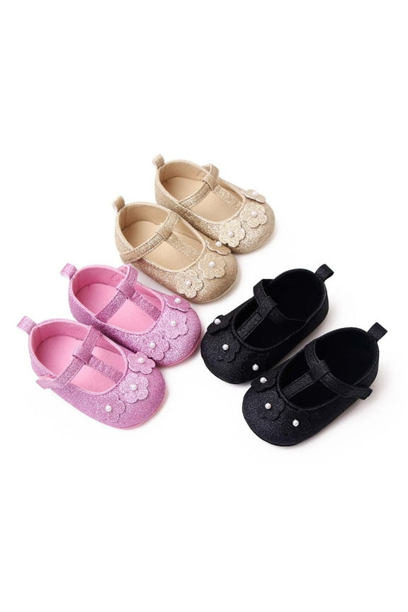 Baby Mary Jane Flats Princess Dress Shoes Non Slip Soft Rubber Sole Crib Sneaker for Homecoming Pink,6-8 Months