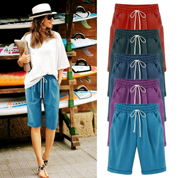 YUGYXL Bermuda Pants for Women Stretch Waist Drawstring Capris with Pockets Business Short Pants with Pockets Red XXL