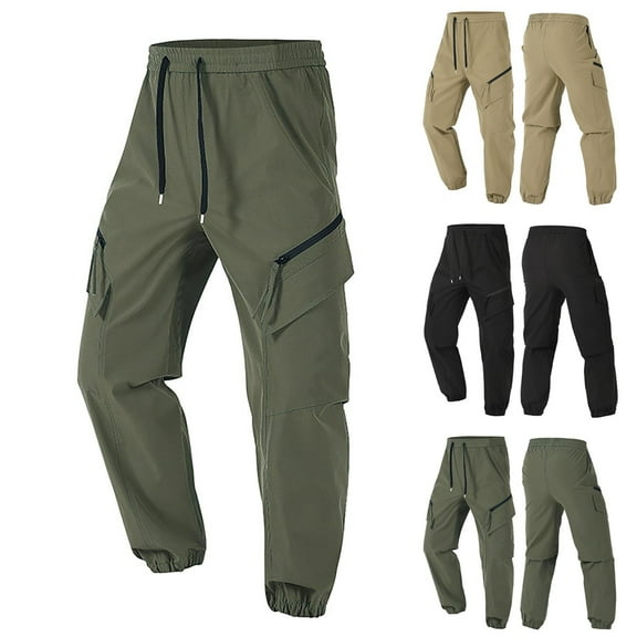 YUGYXL Big and Tall Cargo Pants for Men Elastic Waist Drawstring Hiking Pants with Zipper Pockets Training Tapered Pants Army Green XXXL