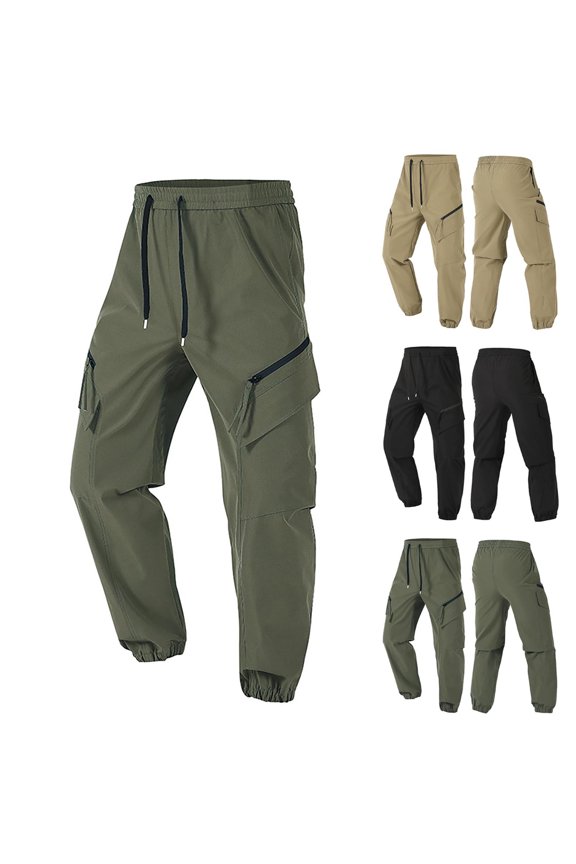Big and Tall Cargo Pants for Men Elastic Waist Drawstring Hiking Pants with Zipper Pockets Training Tapered Pants Black XXL