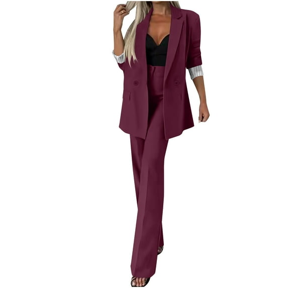 YUGYXL Blazer Sets for Women 2 Piece Outfits Plus Size Business Casual Sets Dressy Blazer Jackets Straight Leg Pants Suits Wine M