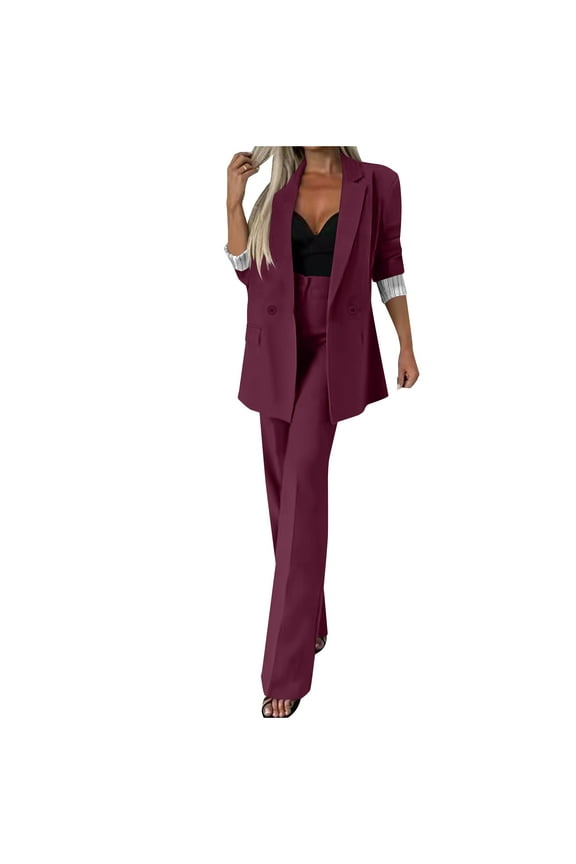 Blazer Sets for Women 2 Piece Outfits Plus Size Business Casual Sets Dressy Blazer Jackets Straight Leg Pants Suits Wine XL